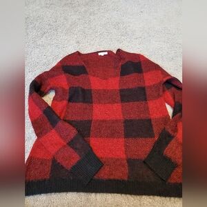 Maurices Red and Black Plaid Vneck Medium Plaid Eyelash Syle Sweater